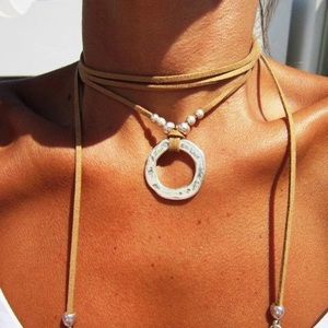 Hammered Silver + Faux Suede Boho Wrap Necklace